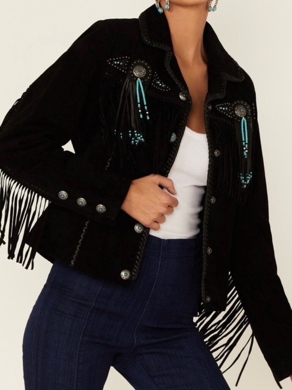 SCULLY Women's Fawn Fringe and Beaded Boar Suede Leather Jacket Medium